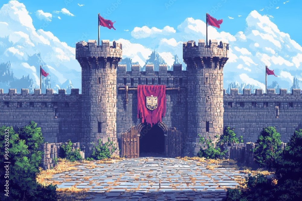 Poster pixelated medieval castle with flags in open courtyard - copy space for design concepts and text