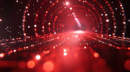 Obraz premium Immersive Digital Journey Through a Neon Red Tunnel with Abstract Light Patterns and Futuristic Elements
