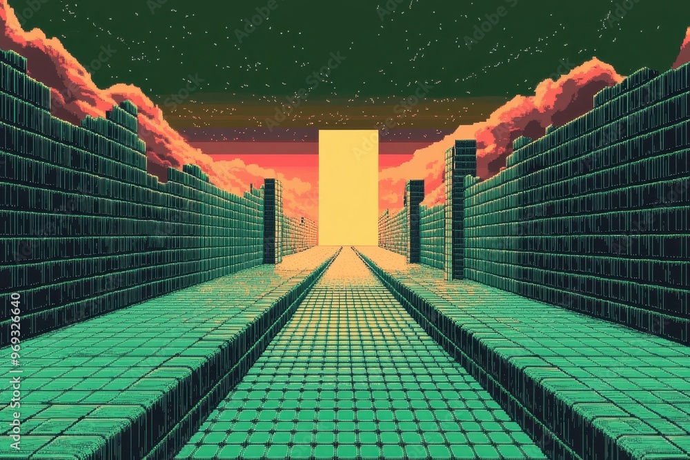 Poster retro 8-bit pixelated arcade maze with copy space for text overlay