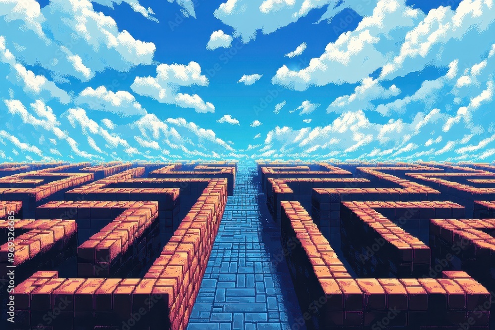 Poster retro 8-bit pixelated arcade maze with empty path for copy space