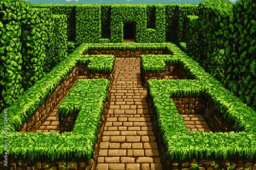 Poster retro 8-bit pixelated arcade maze with empty path area for copy space
