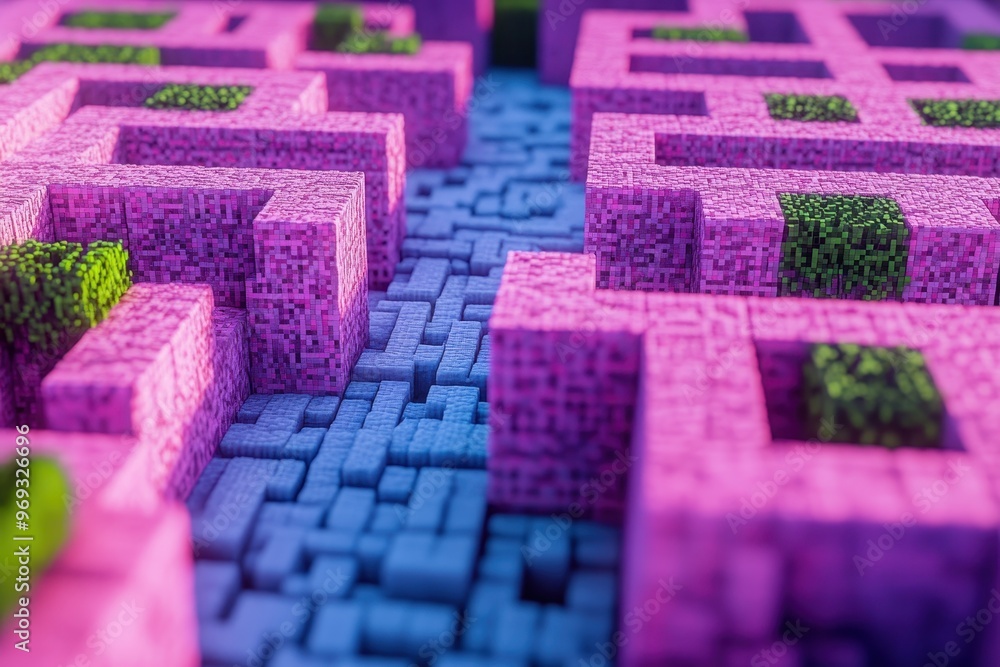 Poster retro 8-bit pixelated arcade maze with copy space for text overlay