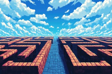 Retro 8-bit Pixelated Arcade Maze with Empty Path for Copy Space