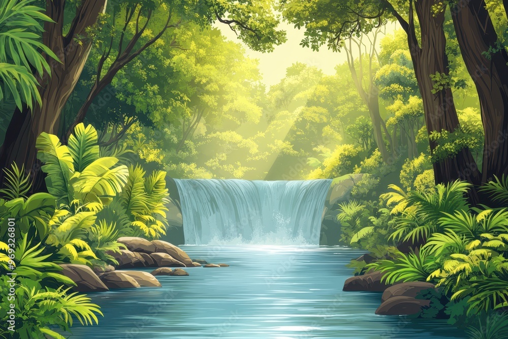 Poster lush 16-bit jungle scenery with river and copy space for design elements