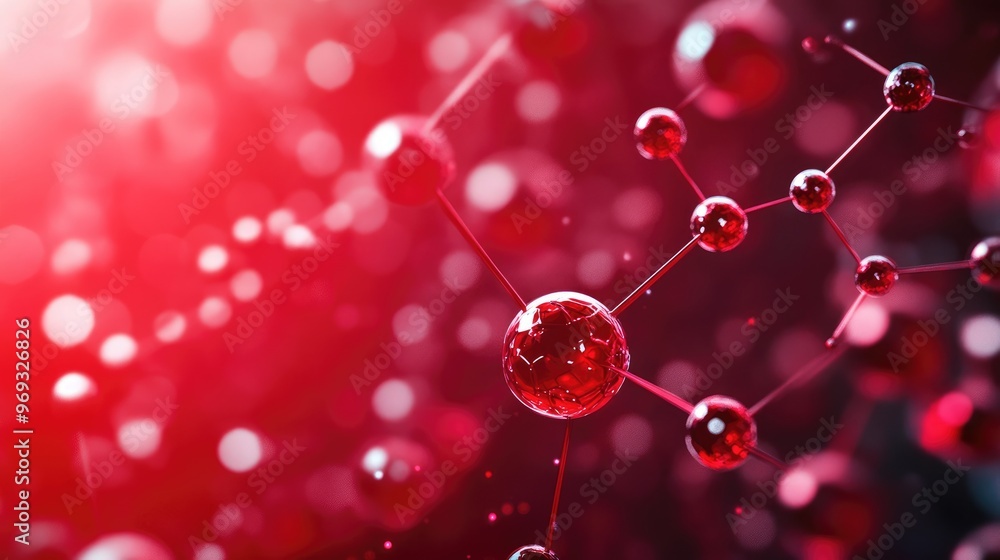 Poster red atom and molecule network in a modern science background, symbolizing innovation and exploration