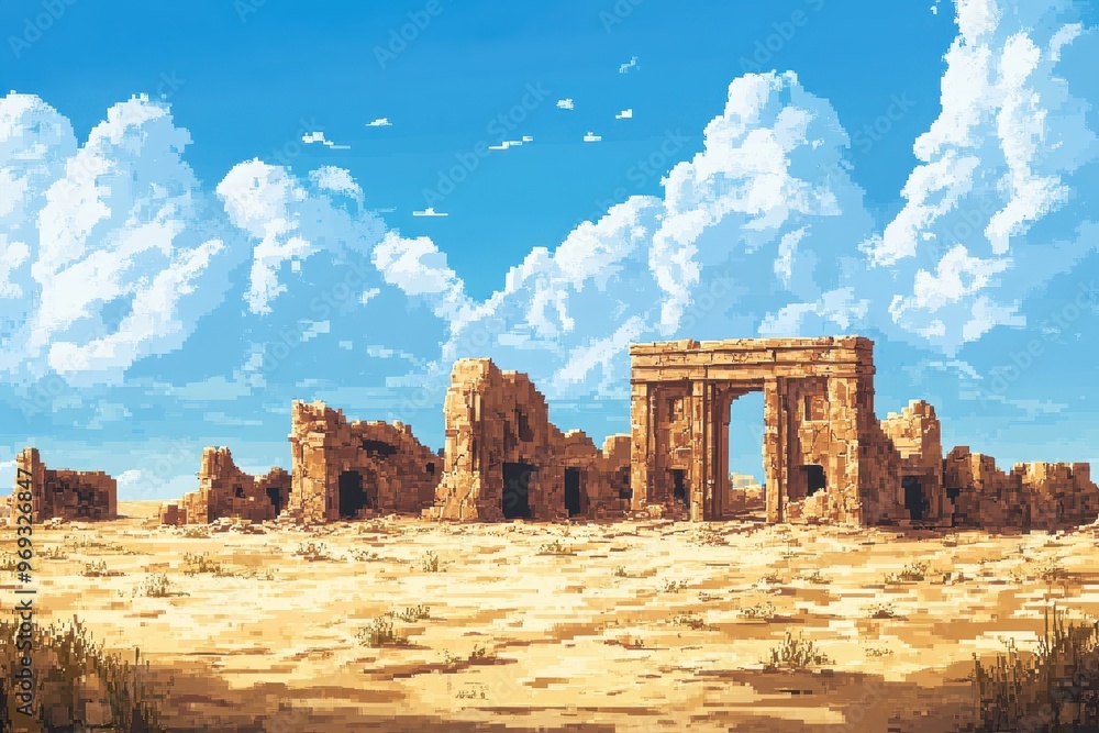 Poster mystical pixelated desert ruins with vast open sky for copy space