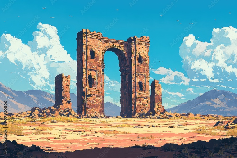 Poster Digital Render of Pixelated Desert Ruins Against Open Sky Copy Space
