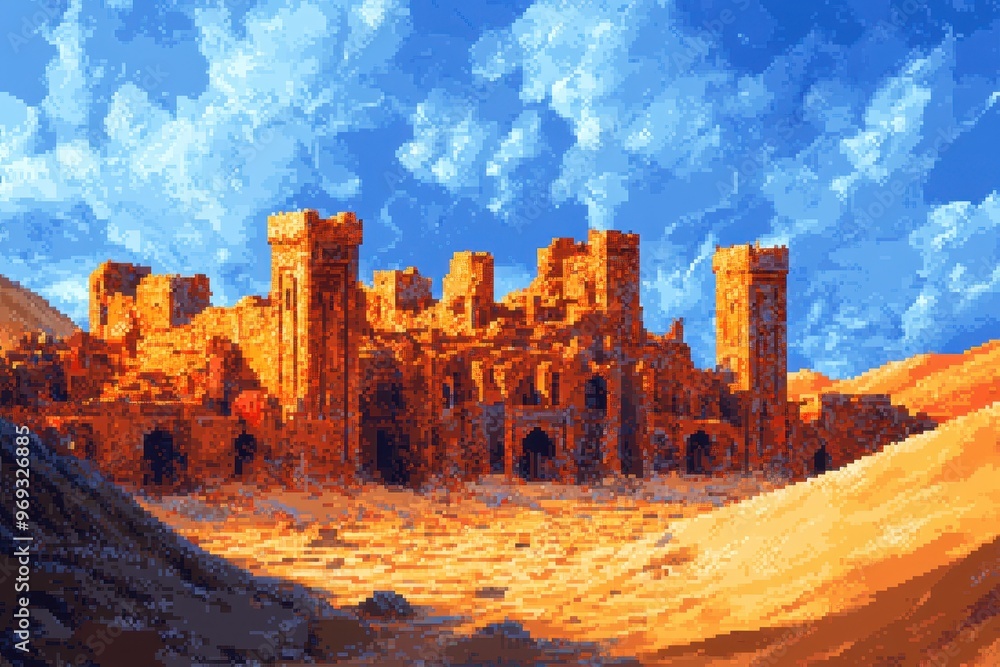 Poster pixelated desert ruins with open sky copy space for graphic design background
