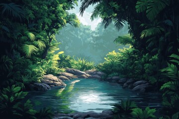 Digital Jungle Landscape with River and Copy Space for Text