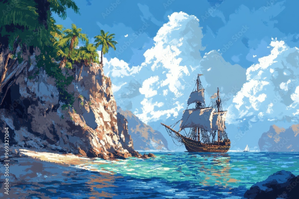 Poster retro 8-bit pixel pirate cove with clear ocean view for copy space