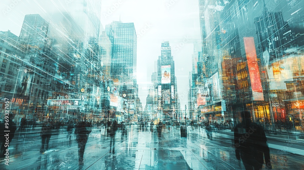 Poster a concept image of augmented reality enhancing a cityscape with digital overlays