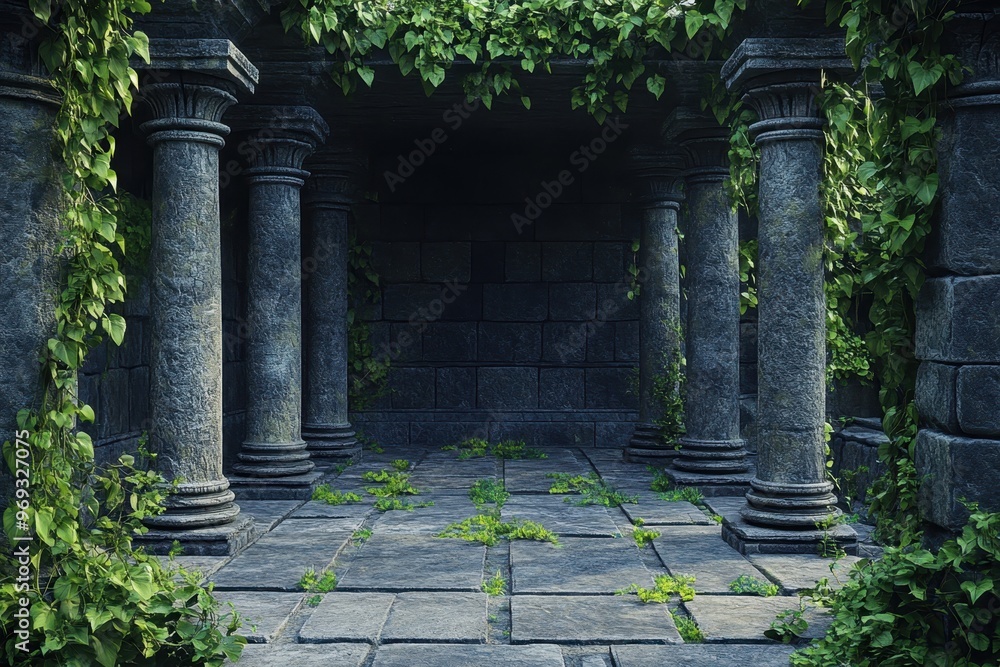 Poster mystical 16-bit ancient temple with vines and blank stone floor for copy space