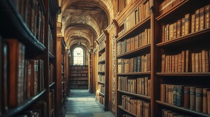 atmospheric old library interior with towering bookshelves filled with antique tomes warm diffused lighting creates a sense of timeless knowledge and quiet contemplation
