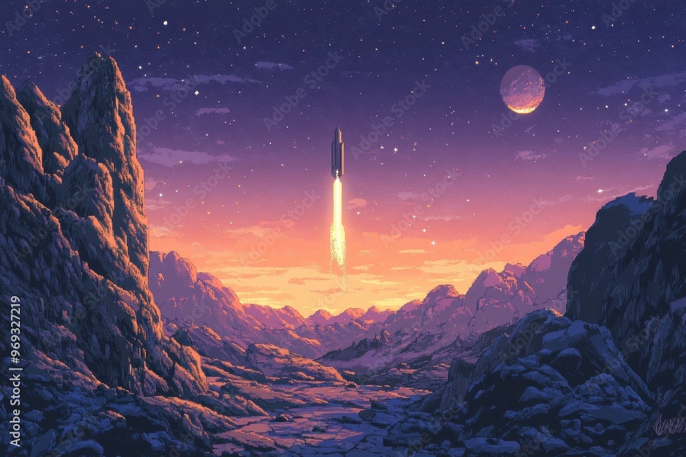 Poster retro 8-bit space shooter game background with clear sky for text overlay