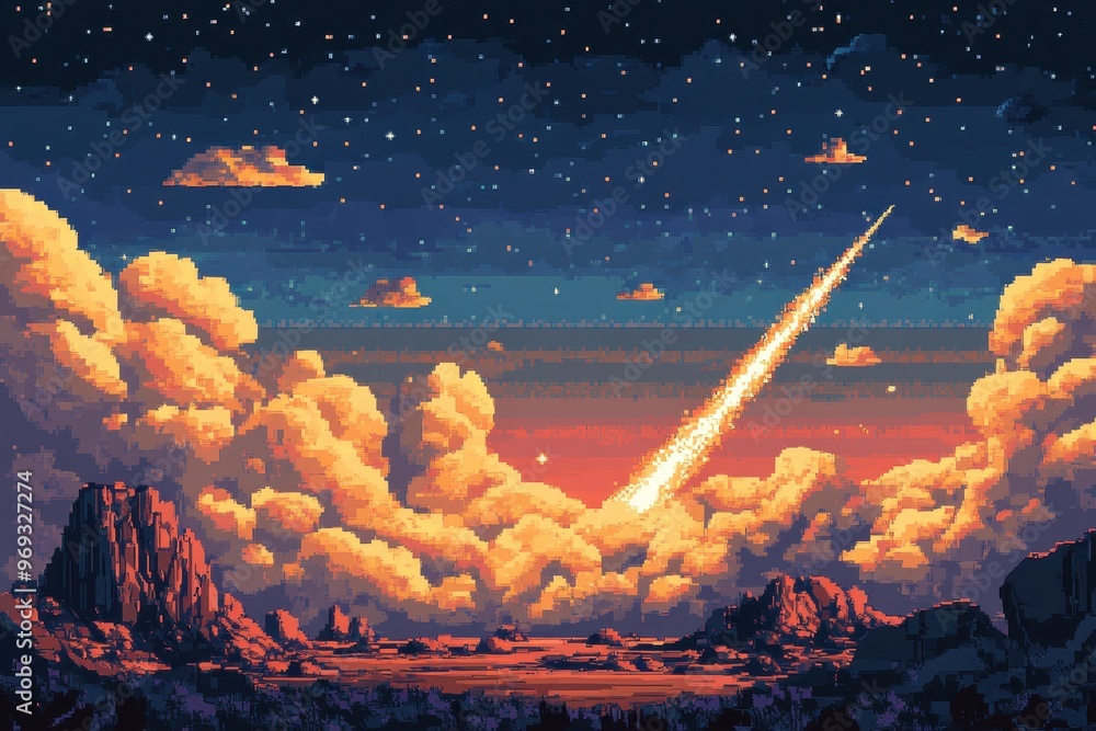 Poster retro 8-bit space shooter gaming background with clear sky for text overlay