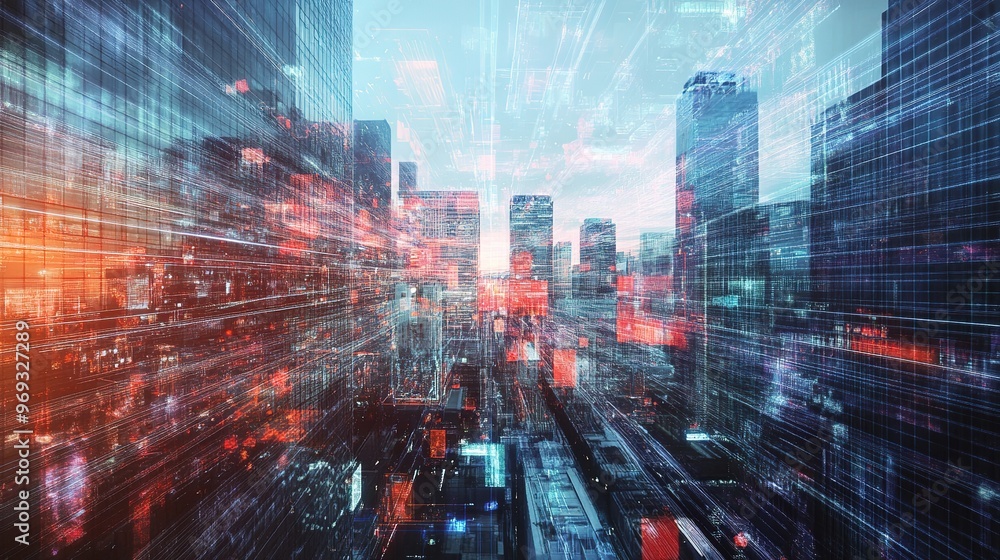 Poster a concept image of augmented reality enhancing a cityscape with digital overlays