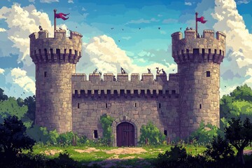 Retro Pixelated Medieval Castle with Guard Characters, Copy Space under Open Sky