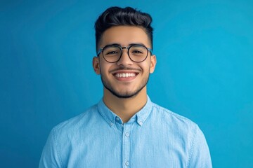 Fototapeta premium Portrait of young smiling latin man in blue shirt and glasses, feeling confident, isolated on blue background with generative ai
