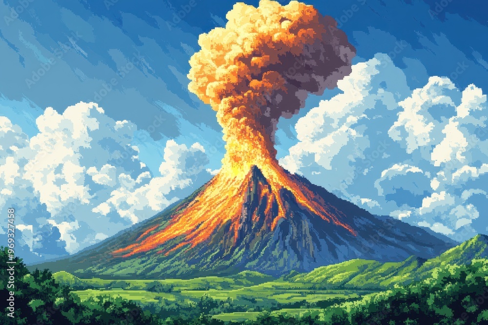 Poster energetic pixelated volcano eruption with copy space for text overlay