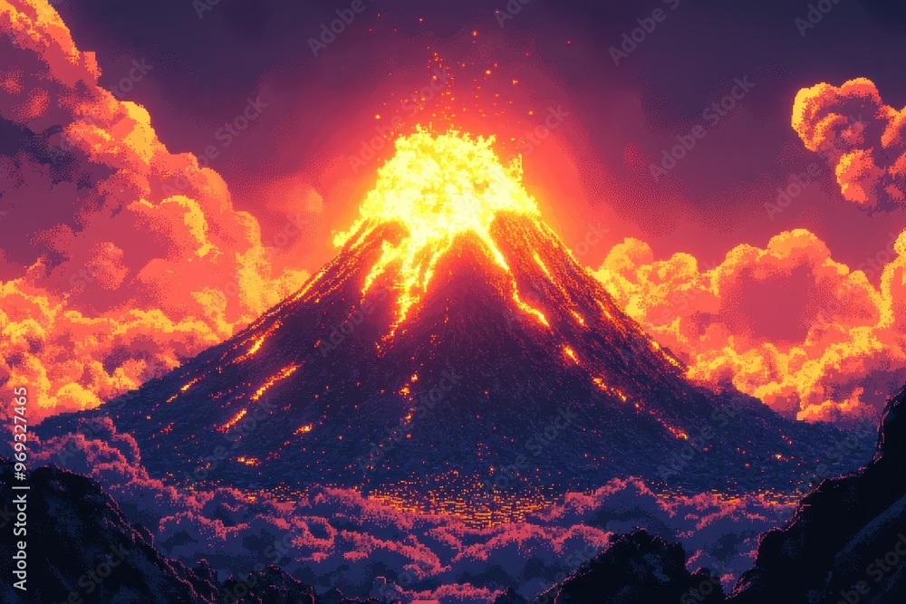 Poster digital abstract of pixelated volcano erupting with copy space in the sky