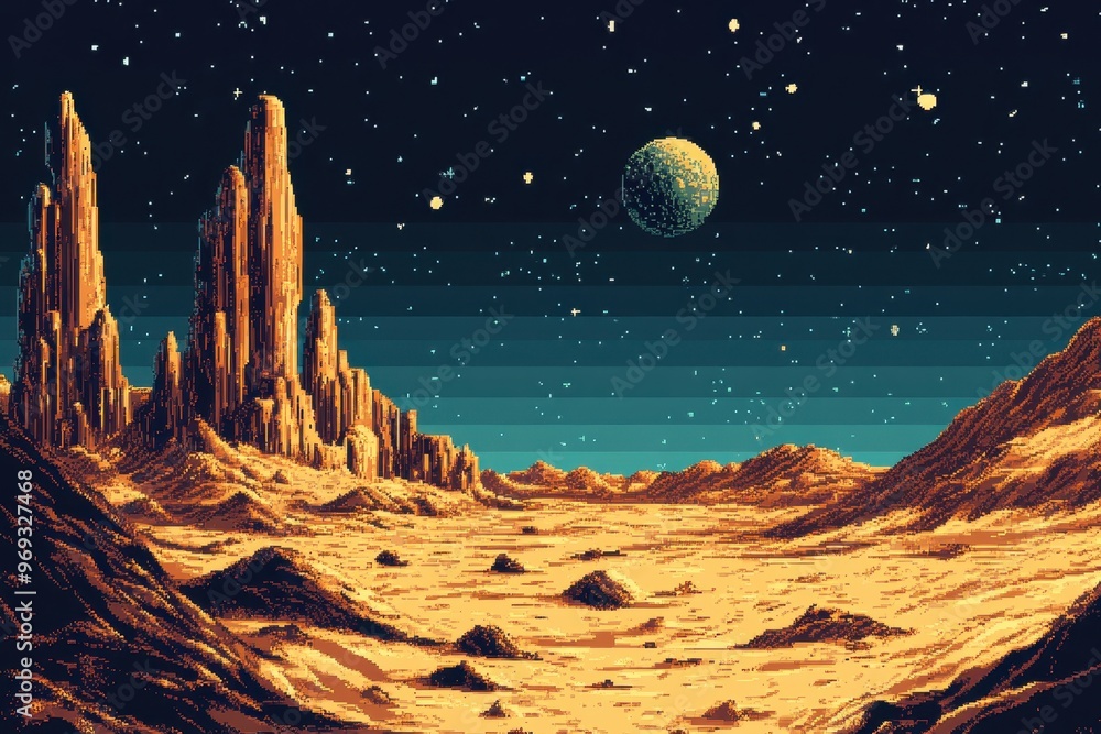 Poster retro 8-bit space landscape with pixelated asteroids and clear dark sky for text