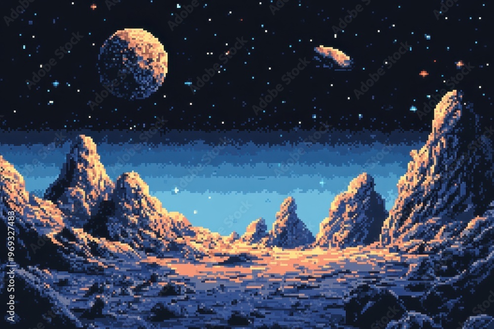 Poster pixelated 8-bit space landscape with asteroids and clear dark sky for copy space background