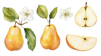 Artistic watercolor drawing painting of pear fruit and cut