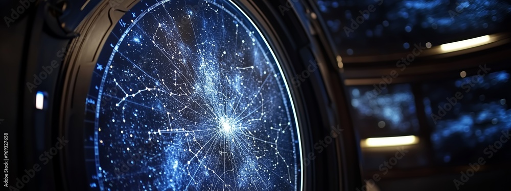 Poster exploring the intricate digital map of a galaxy in a futuristic space observatory during a starry ni