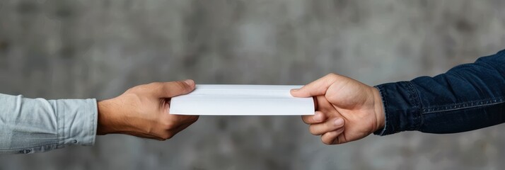 Close-up of two hands exchanging a white envelope, symbolizing communication, transaction, or agreement in an outdoor setting.