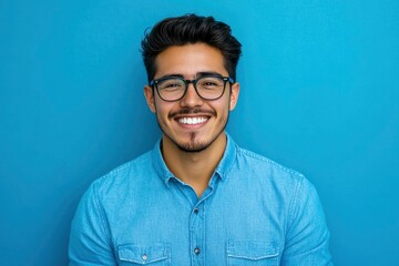 Fototapeta premium Portrait of young smiling latin man in blue shirt and glasses, feeling confident, isolated on blue background with generative ai