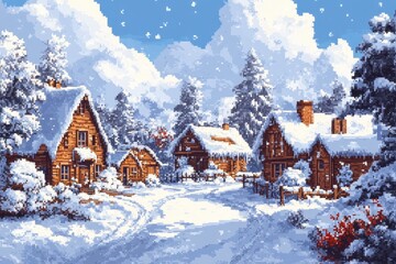 Fototapeta premium Digital Winter Wonderland - Pixelated snowy village landscape with space for text overlay.