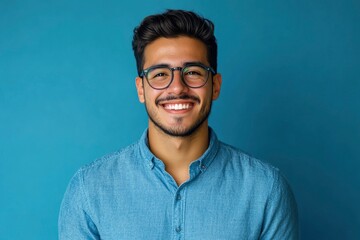 Obraz premium Portrait of young smiling latin man in blue shirt and glasses, feeling confident, isolated on blue background with generative ai