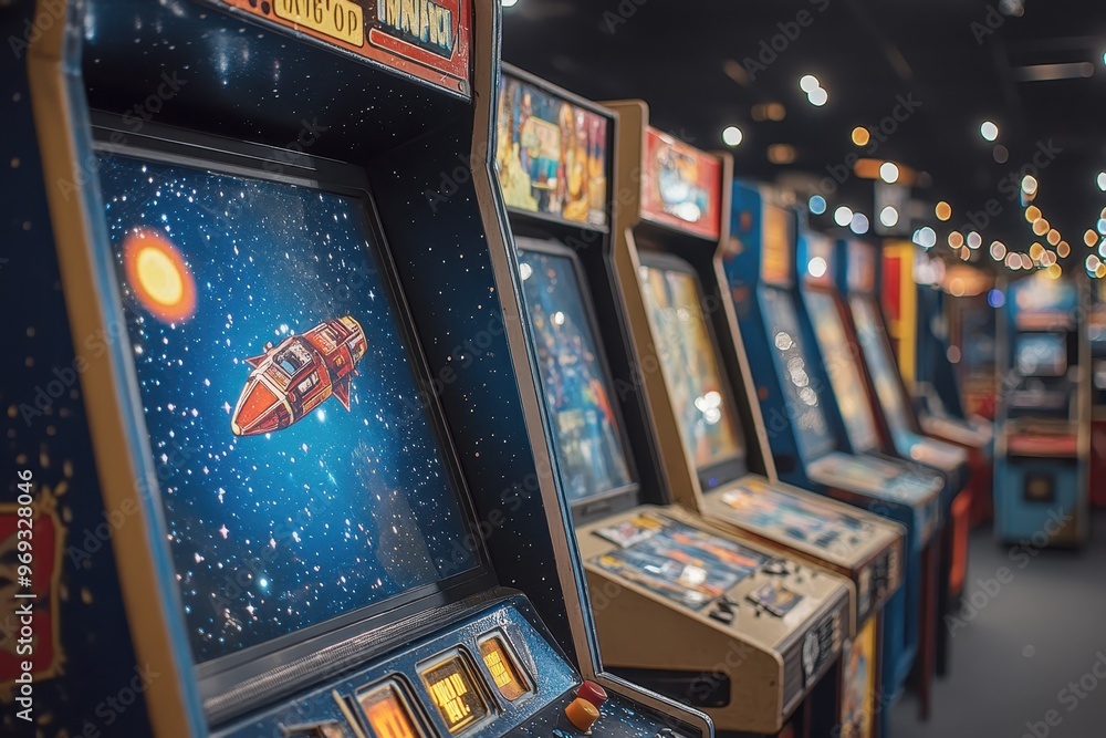 Poster retro arcade spaceship flying through dark space background, futuristic gaming concept for design an