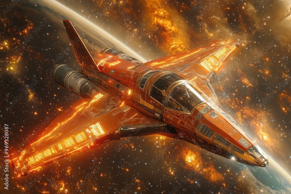 Poster futuristic retro arcade spaceship soaring through dark space background for text overlay