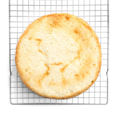 One tasty sponge cake isolated on white, top view