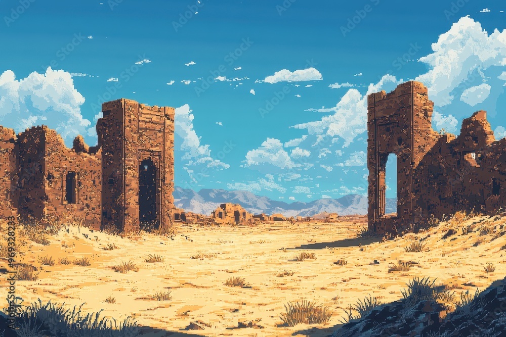 Poster retro 8-bit pixel desert landscape with ancient ruins and copy space for text