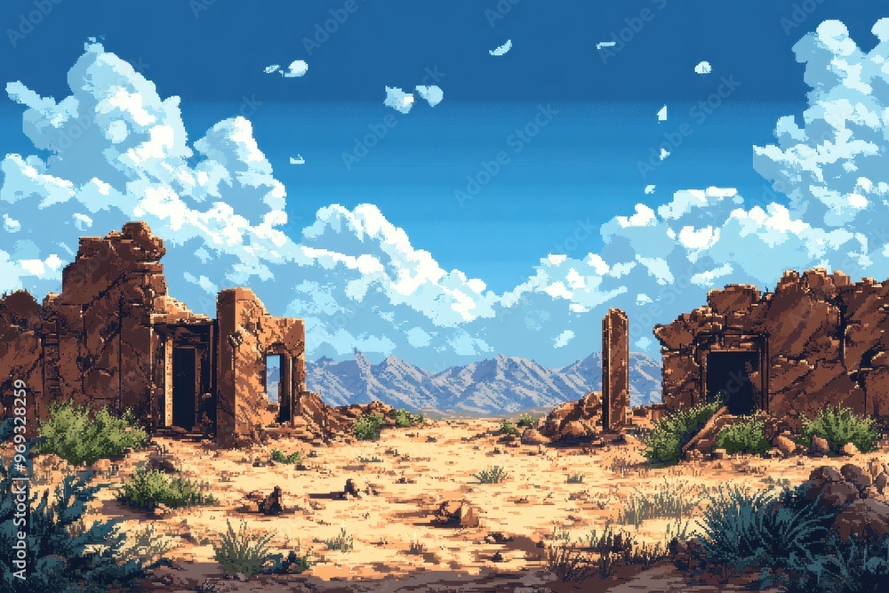 Aufkleber retro 8-bit pixelated desert landscape with ancient ruins and copy space for text