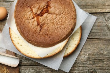 Delicious cut sponge cake and ingredients on wooden table, flat lay
