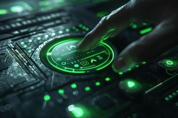 A close-up of a hand interacting with a futuristic green control panel, featuring intricate designs and glowing elements.