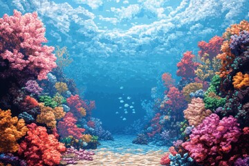 Obraz premium Retro 8-Bit Underwater Adventure with Colorful Coral Reef and Open Blue Water Copy Space