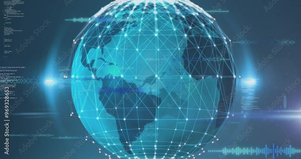 Poster animation of data processing and globe with connections over blue background