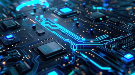 A close-up view of a futuristic circuit board showcasing intricate designs and glowing connections.