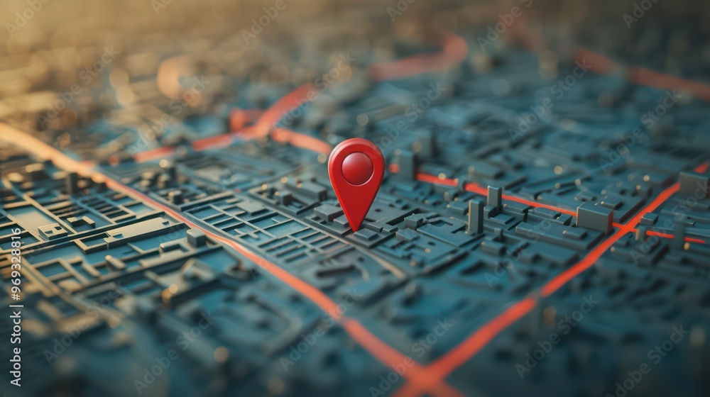 Poster a close-up view of a map with a prominent red location pin, highlighting navigation and geography in