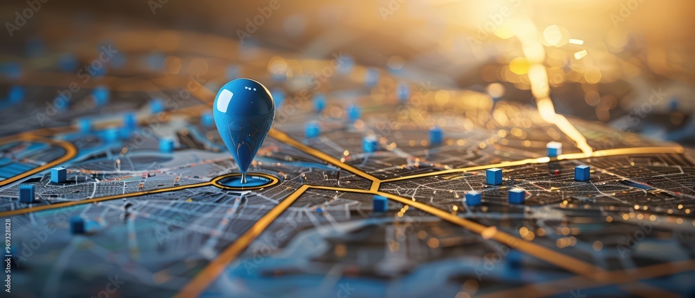 Poster a close-up view of a map with a blue location pin, highlighting navigation and direction concepts in