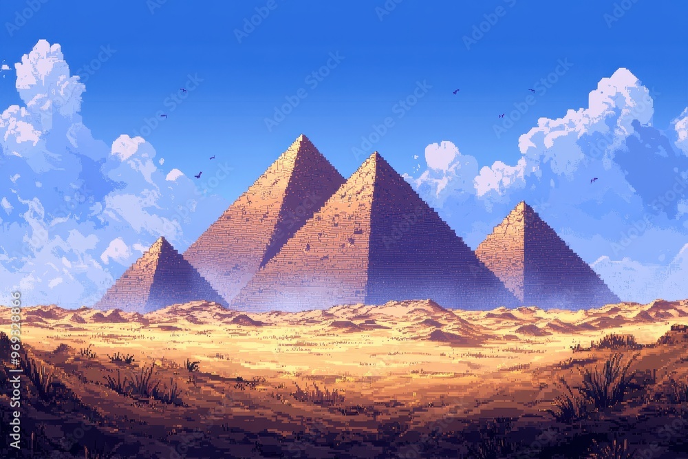 Aufkleber digital desert landscape with pixelated pyramids and copy space, abstract technology background