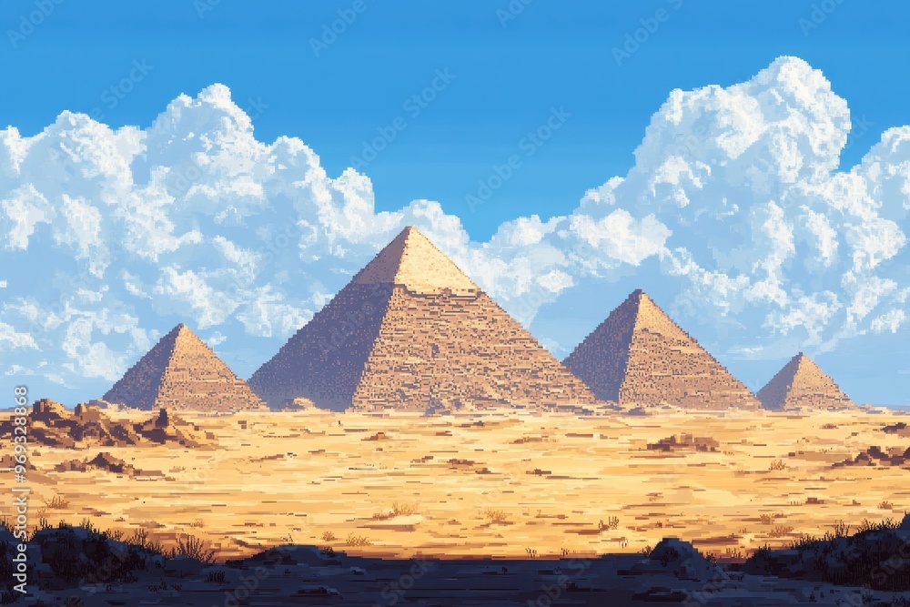 Poster digital desert landscape with pixelated pyramids and copy space for text - abstract geometric backgr