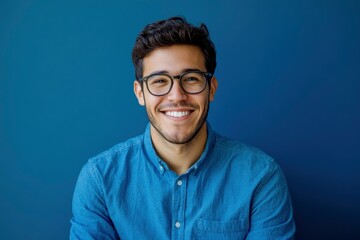 Obraz premium Portrait of young smiling latin man in blue shirt and glasses, feeling confident, isolated on blue background with generative ai