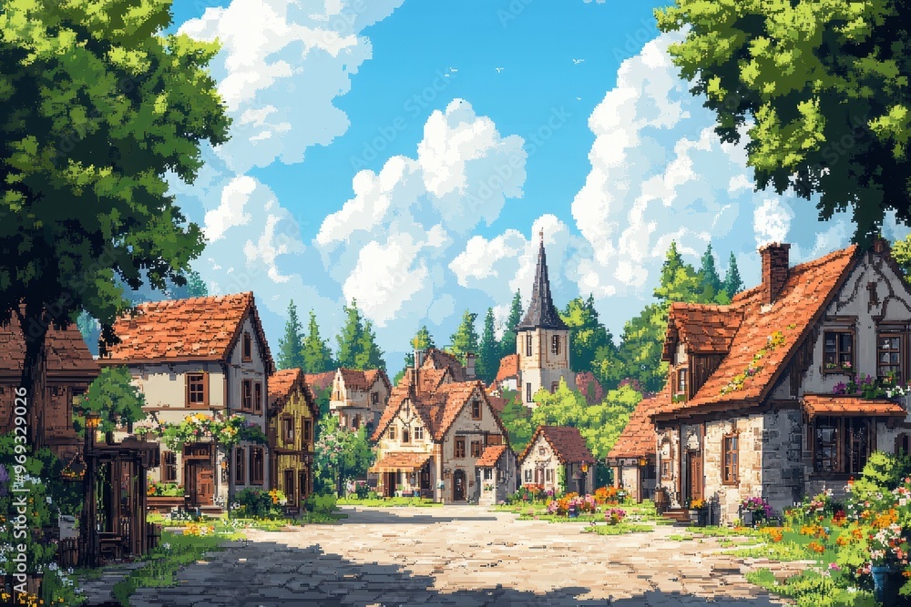 Poster digital village square with pixelated trees and clear sky for copy space