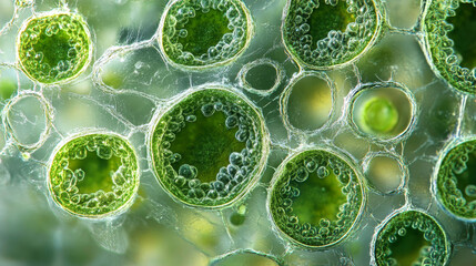 Microscopic view of green algae cells structure