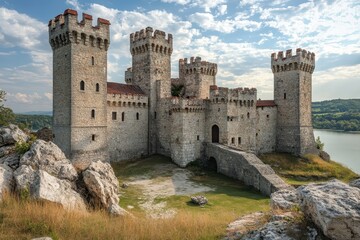 Majestic Retro Medieval Castle with Tower and Copy Space Under Open Sky